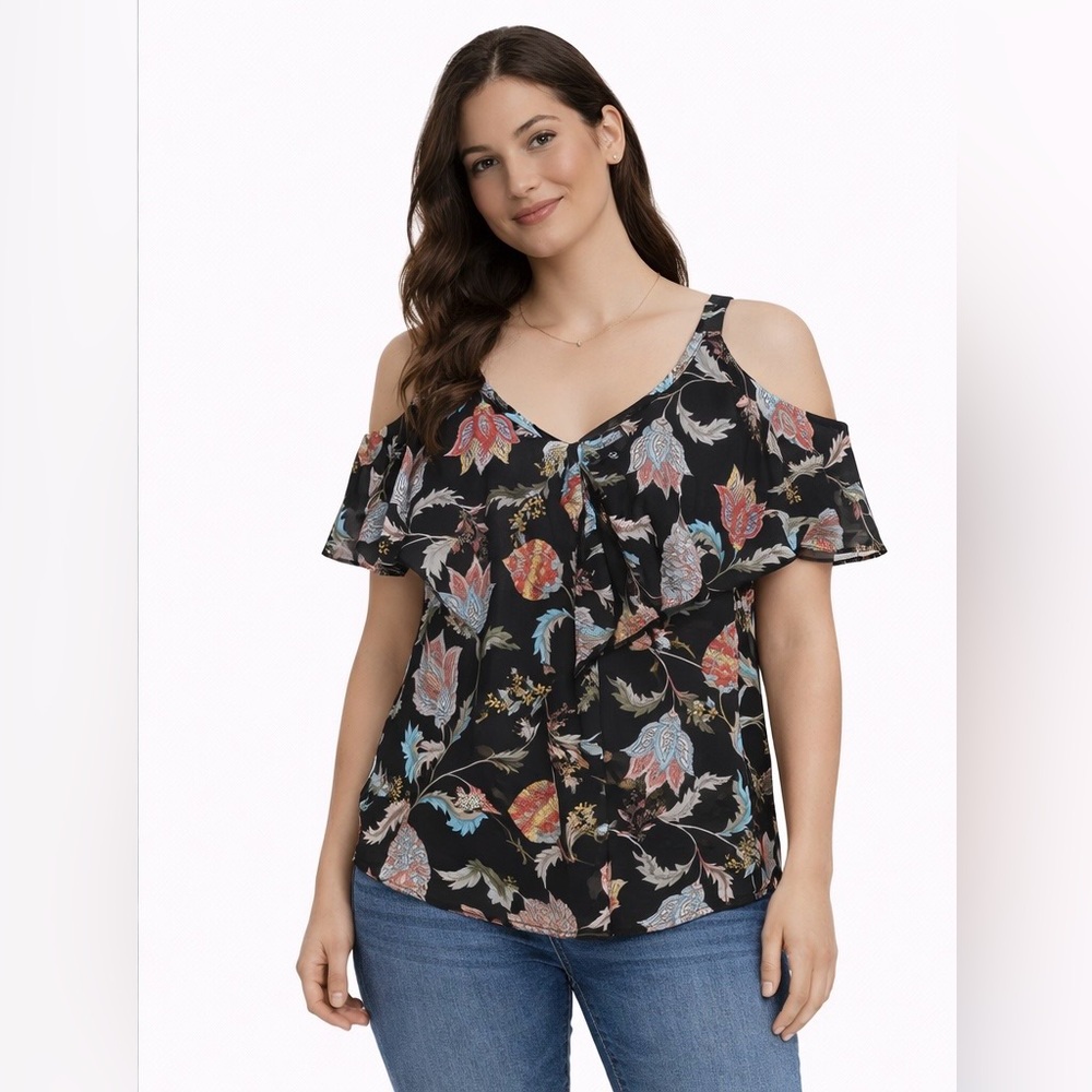 🌹Colorful Floral Chiffon Black Strappy Blouse